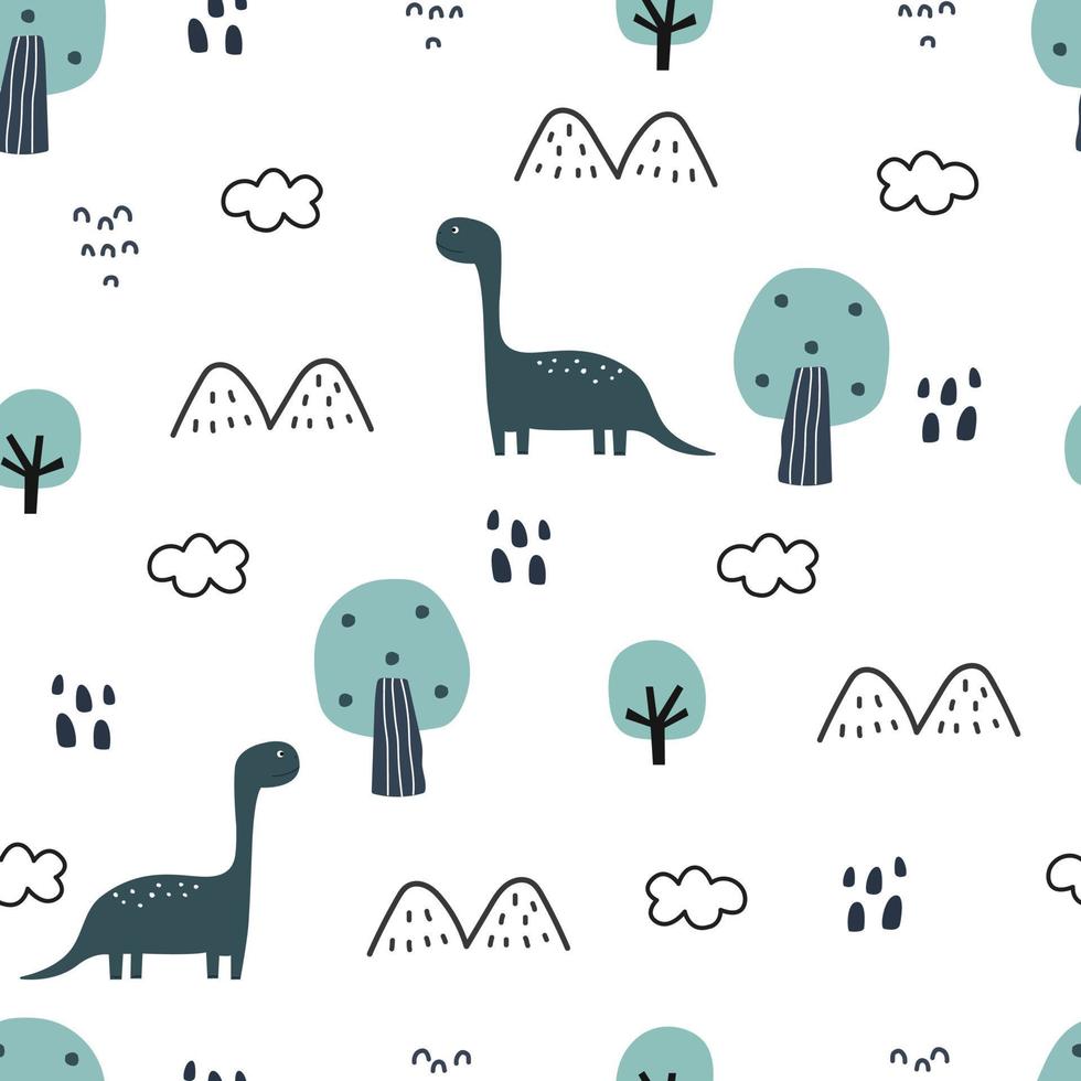 Dinosaur and mountain tree seamless pattern. Hand drawn cute cartoon animal background in children style Design used for print, wallpaper, decoration, fabric, textile, vector illustration.