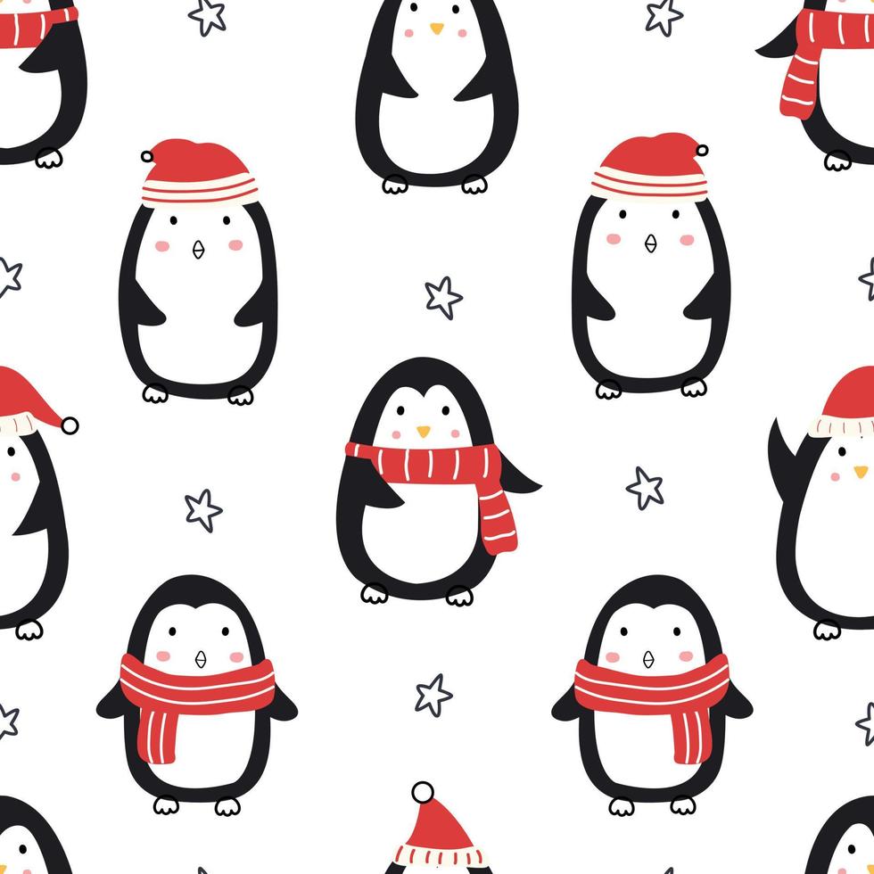 Christmas Seamless pattern with penguins on a white background. Hand drawn design in cartoon style. Use for prints, celebration wallpapers, fabrics, textiles, vector illustrations.