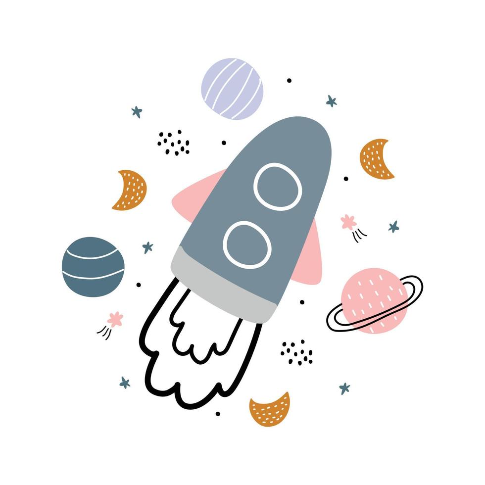 Rocketship and stars on white background Flat icon vector illustration shuttle flying Space travel New project start ideas Creative