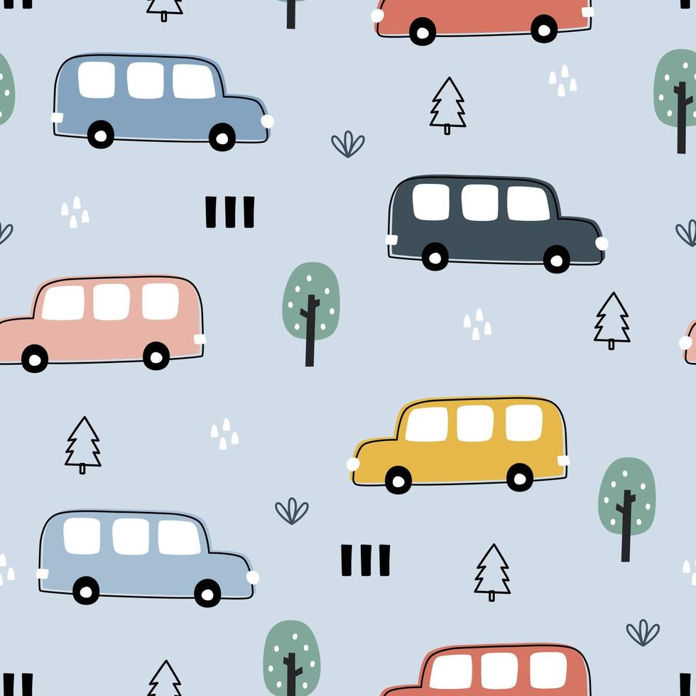 seamless vector pattern colorful vintage car background and trees hand drawn design in cartoon style used for print, gift wrapping, textiles, fabrics, publications, wallpaper Vector Illustration