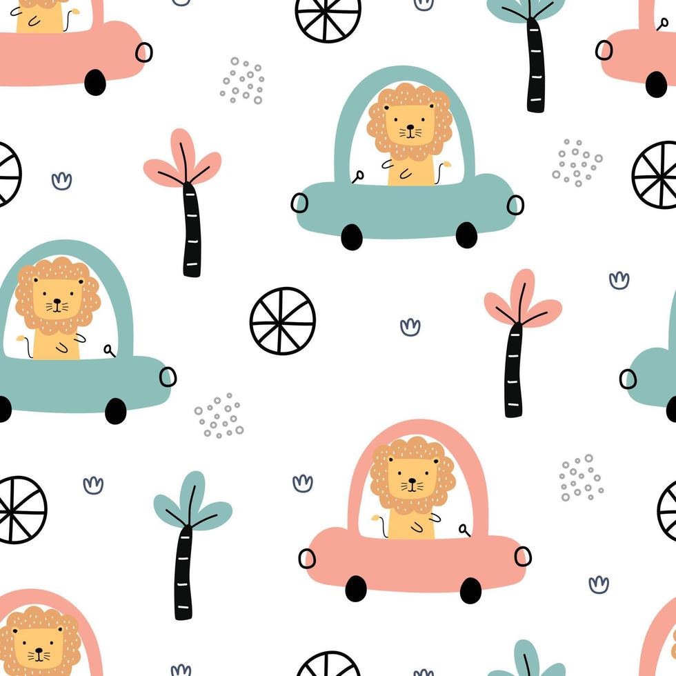 Lion driving a car transportation background for children. Seamless cartoon pattern Hand-drawn design in children's style. Use for prints, wallpapers, textiles, vector illustrations.