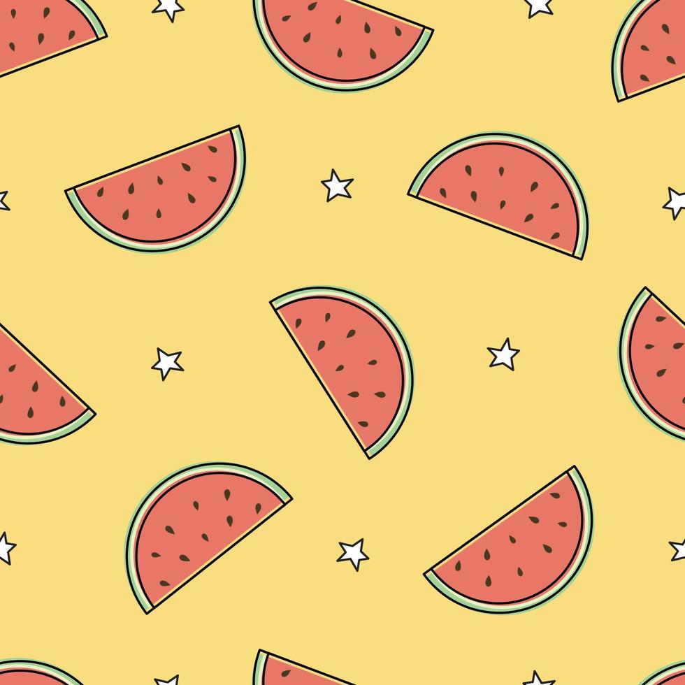 Seamless vector pattern Small pieces of watermelon placed on a yellow background, cartoon pattern used for print, wallpaper, tablecloths, textiles