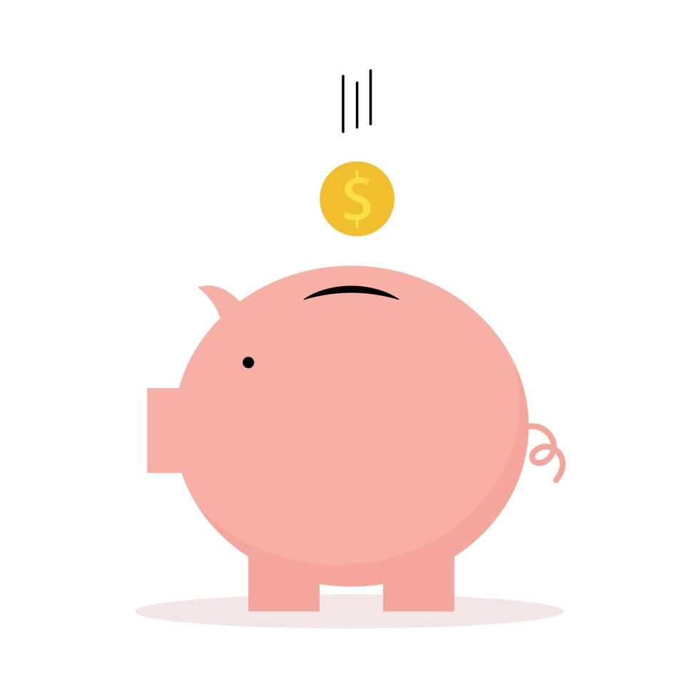 Pink piggy bank icon and dollar coin icon put into piggy bank used for illustration of investment idea websites. vector isolated on a white background