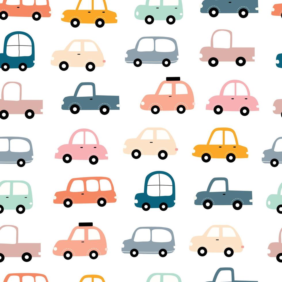 Transportation background for children. Hand drawn retro car seamless pattern in cartoon style Used for print, wallpaper, clothing, textiles, vector illustrations.