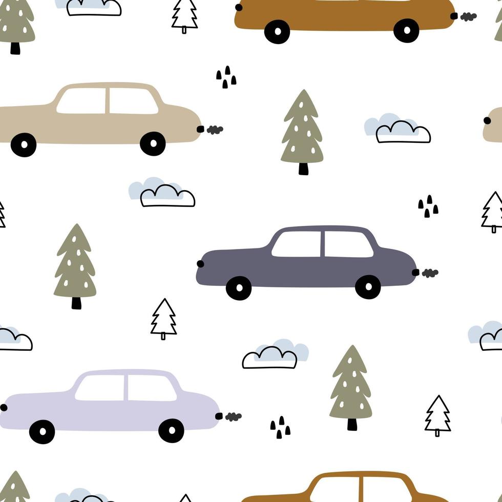 seamless vector pattern vintage car and tree on white background hand drawn design in cartoon style used for printing, gift wrapping, textiles, fabrics, publications, wallpaper Vector Illustration