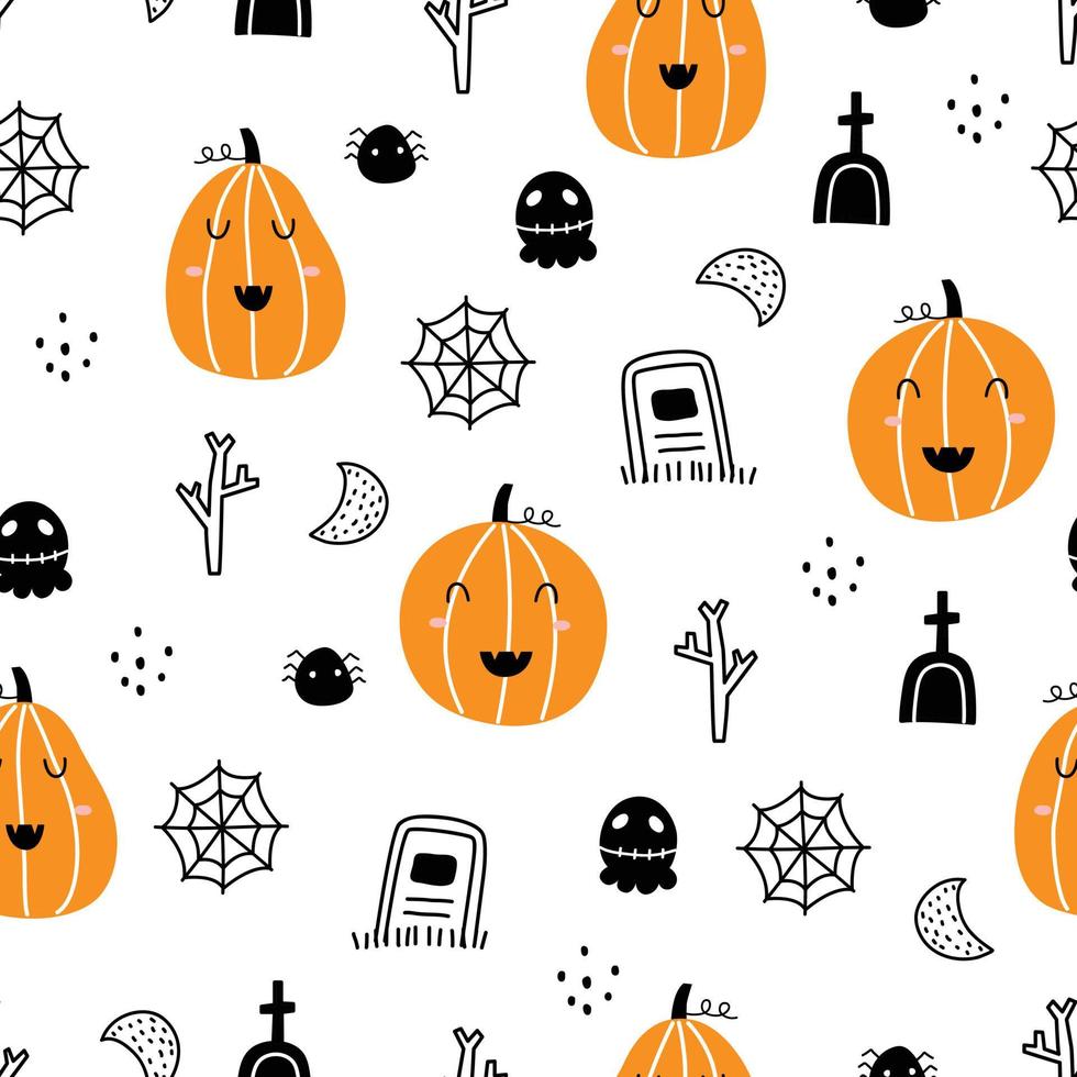 Seamless vector pattern for Halloween with pumpkins and ghosts. Hand drawn design in children's style. Bright cartoon pattern for Halloween.