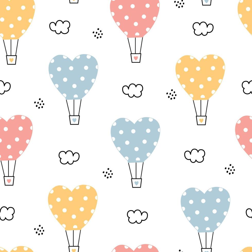Cartoon Pattern Seamless Vector Background heart balloons floating in the sky with clouds Hand-drawn design in children's style. Use for print, wallpaper, decoration, fabrics, textiles.