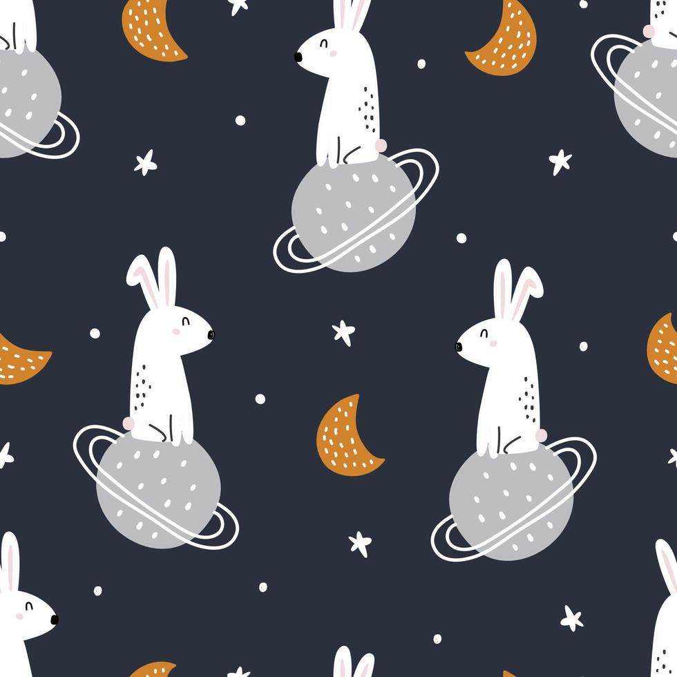 Rabbit on the star space background for kids seamless cartoon pattern Hand-drawn design in children's style. Use for prints, wallpapers, textiles, vector illustrations.