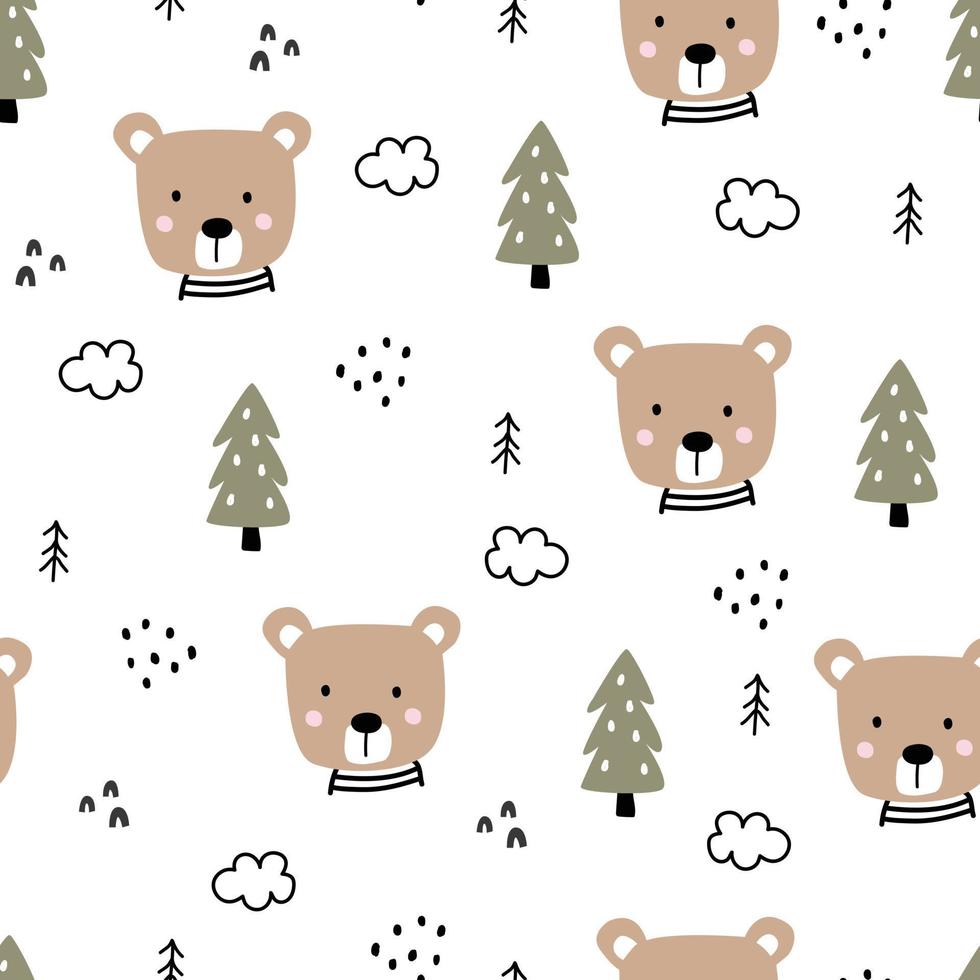 Seamless pattern of faces of brown bears and pines. Hand drawn cartoon animal background in children style Used for printing, wallpaper, decoration, textile vector illustration.