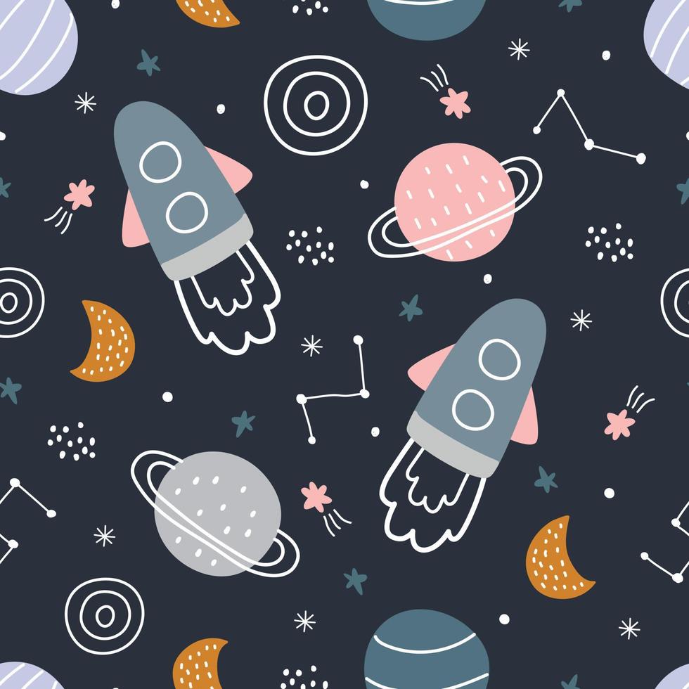 Space background illustration with stars and rockets hand drawn ...