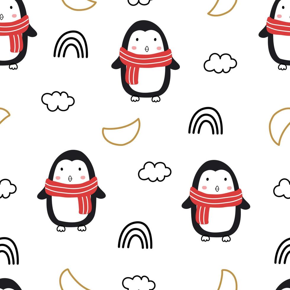 Christmas Seamless pattern with penguins on a white background. Hand drawn design in cartoon style. Use for prints, celebration wallpapers, fabrics, textiles, vector illustrations.