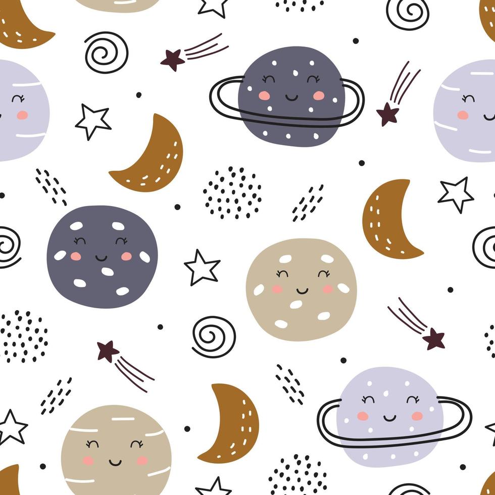 Space background for kids planet seamless pattern design in cartoon style Used for prints, wallpaper, decorations, textiles, vector illustrations.