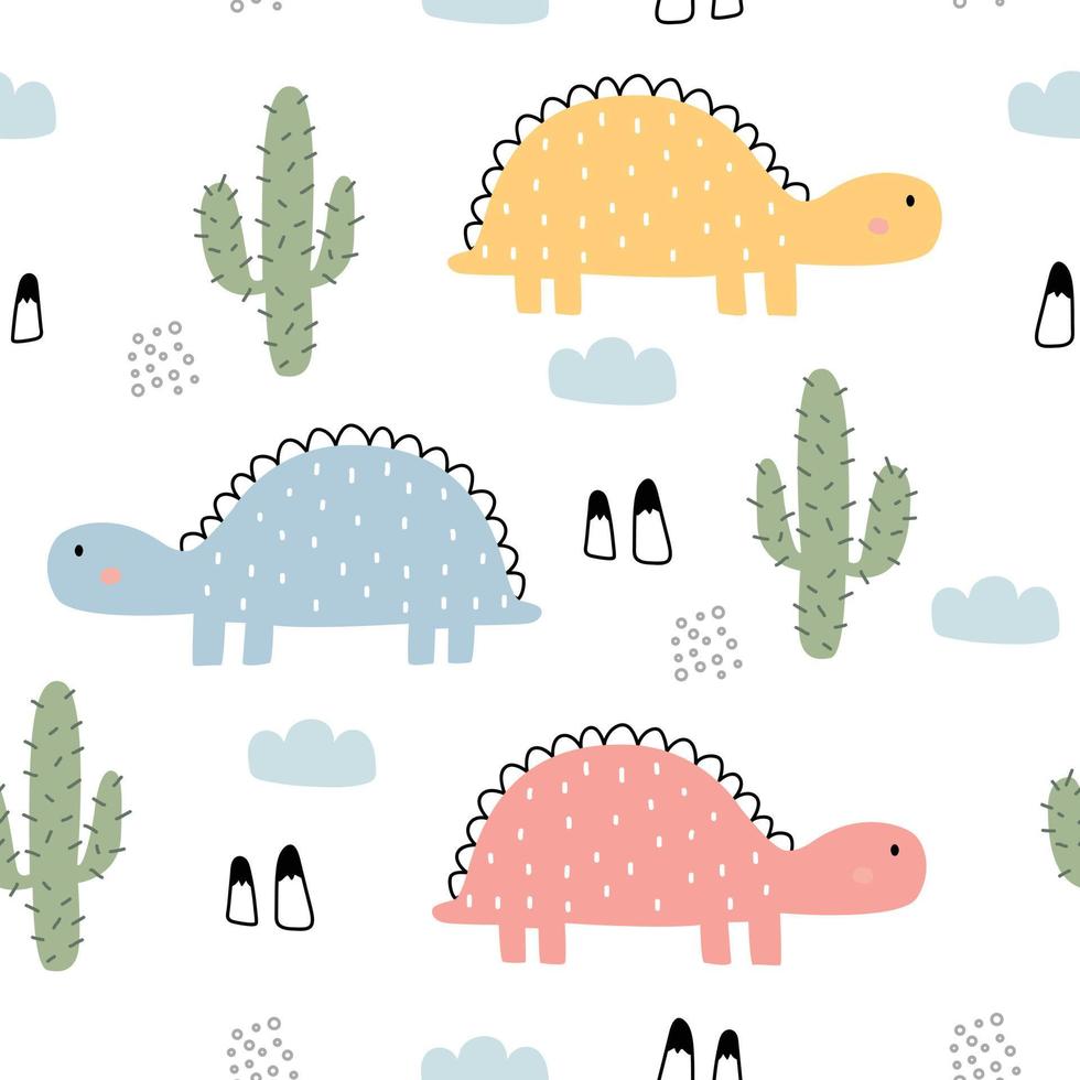 Dinosaurs and Cactus Seamless pattern cute cartoon animal background hand drawn in kid style The design used for Print, wallpaper, decoration, fabric, textile Vector illustration