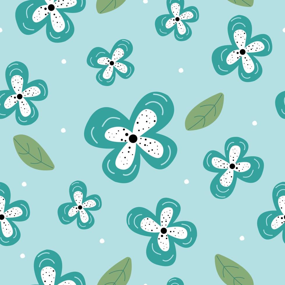 Fondo floral de patrones sin fisuras colocado al azar sobre un fondo azul Diseño dibujado a mano en estilo de dibujos animados utilizado para impresiones, fondos de pantalla, telas, textiles, ilustraciones vectoriales. vector