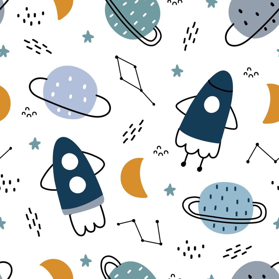 Space background for kids rocket and stars seamless pattern design in cartoon style Used for prints, wallpaper, decorations, textiles, vector illustrations.