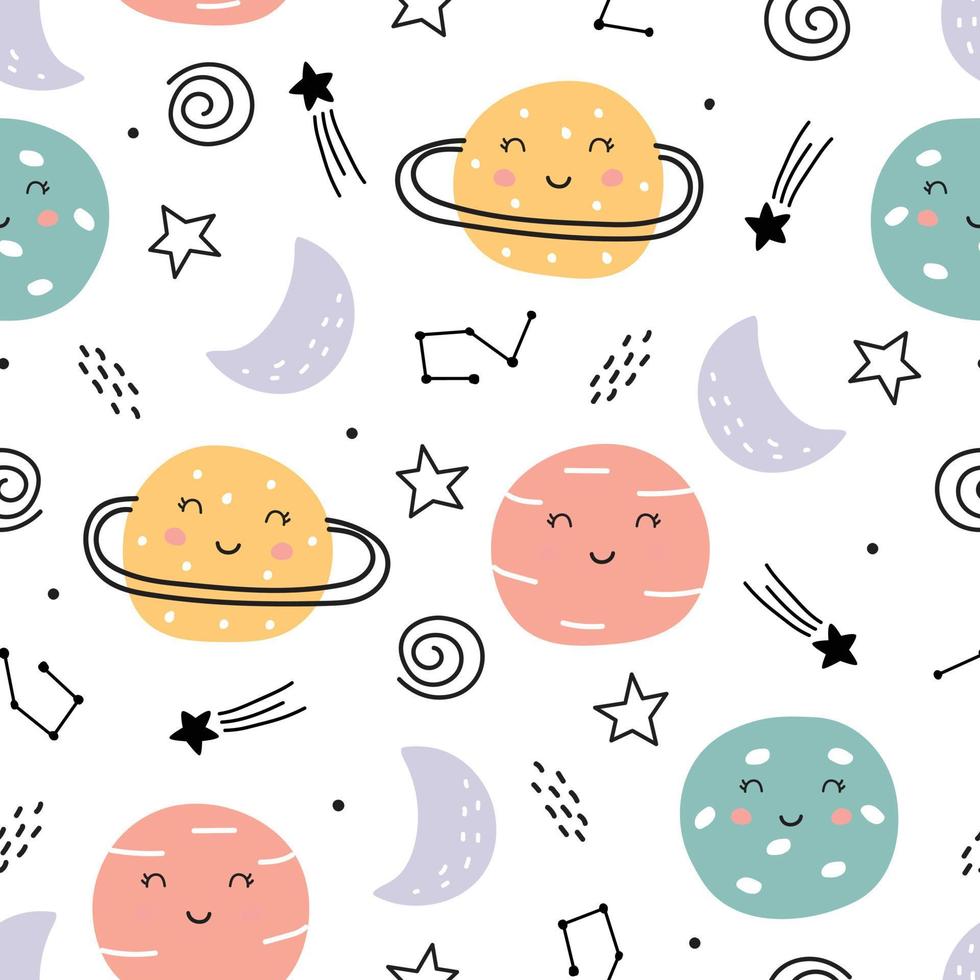 Space background for kids Planet sky seamless pattern design in cartoon style. Use for prints, wallpaper, decorations, textiles, vector illustrations.