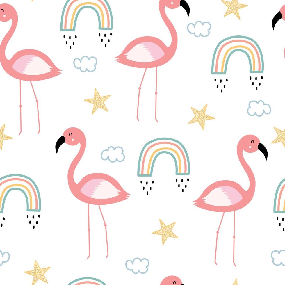 seamless animal pattern flamingos and rainbow hand drawn cartoon background in children's style design used for print, wallpaper, cloth, textile, vector illustration