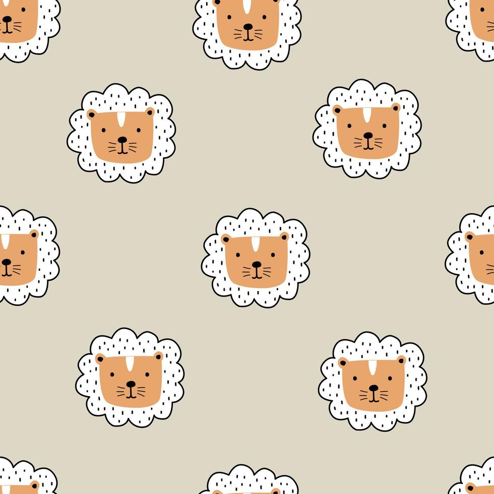 Fondo de animales de dibujos animados para niños cara de león diseño de patrones sin fisuras estilo dibujado a mano que los niños usan para tela, textil, papel tapiz, impresión, decoración, ilustración vectorial vector