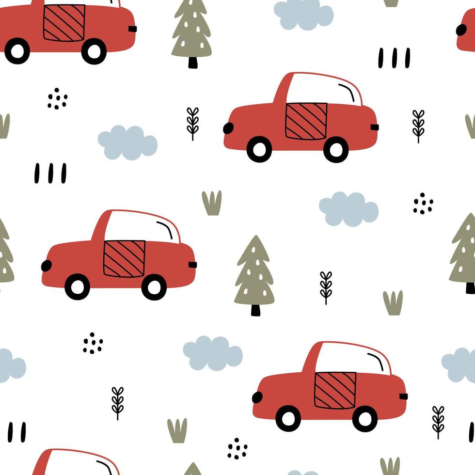 Cars and trees on a white background hand drawn children's seamless pattern in cartoon style designs used for textiles, clothing styles, fashion, wallpaper Vector Illustration