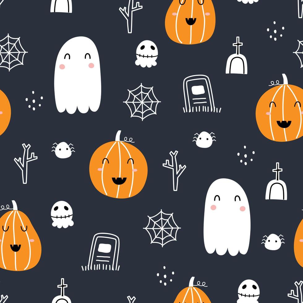 Seamless vector pattern for Halloween with pumpkins and ghosts. Hand drawn design in children's style. Cute cartoon pattern for Halloween.