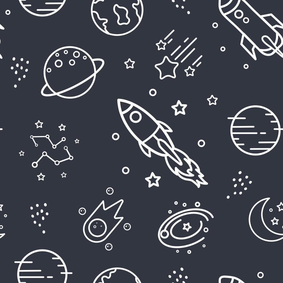 Fondo espacial con cohetes y estrellas patrón de vector transparente infantil diseño dibujado a mano en estilo de dibujos animados utilizado para impresión, papel tapiz, decoración, telas textiles.