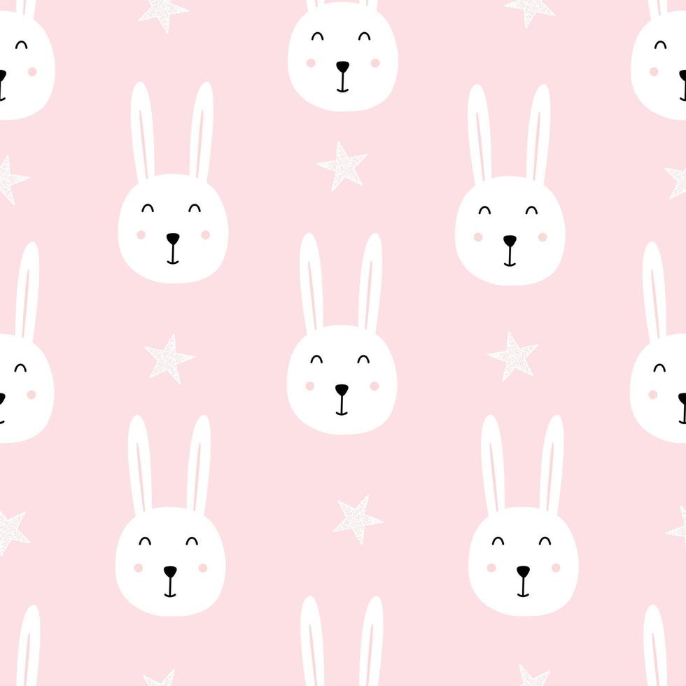 Rabbit Face Cartoon Animal Background Seamless Pattern. Cute design hand drawn in children's style. Use for prints, backgrounds, gift wrapping, baby clothes, textiles, vector images.