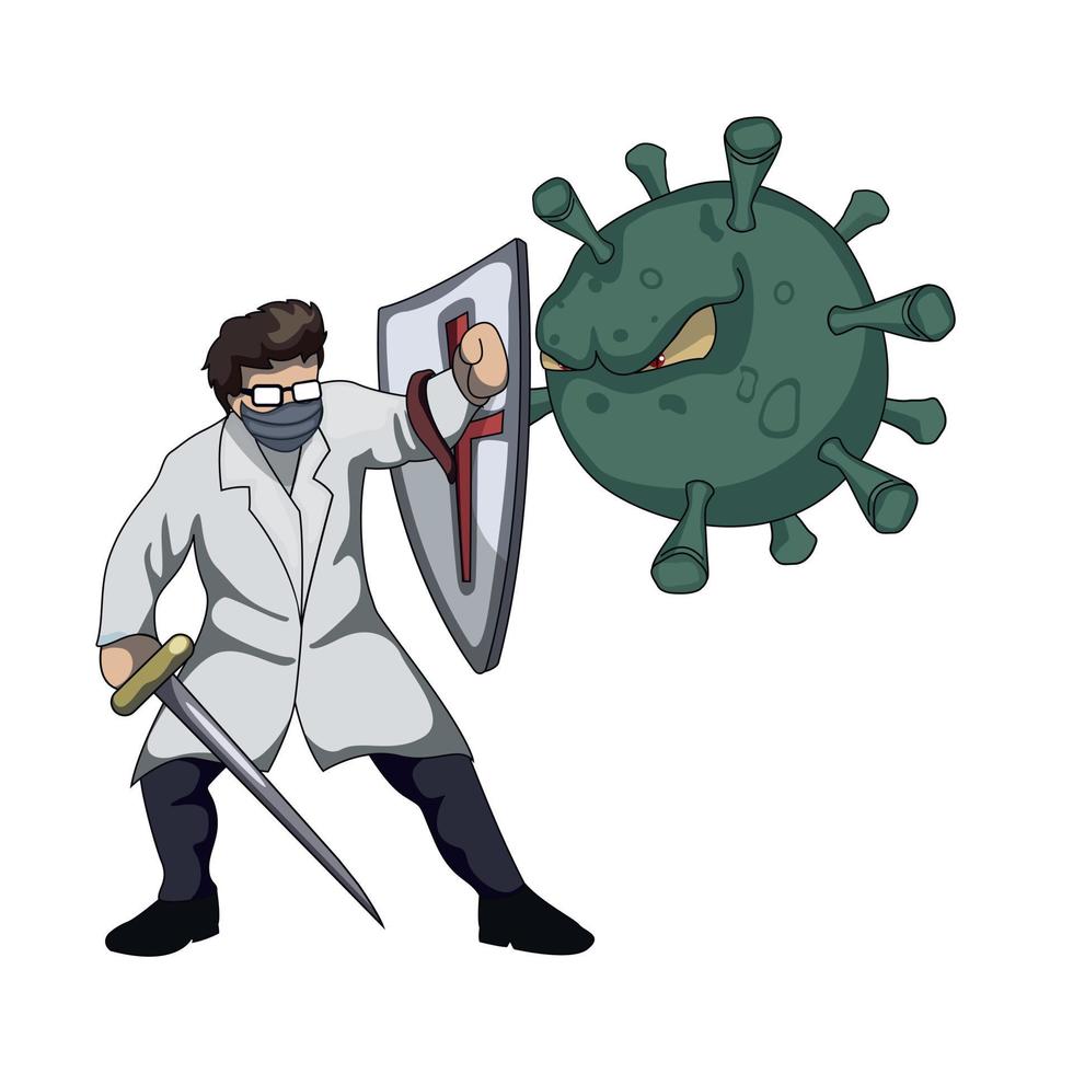 diseño de médico luchando con un virus covid-19 vector