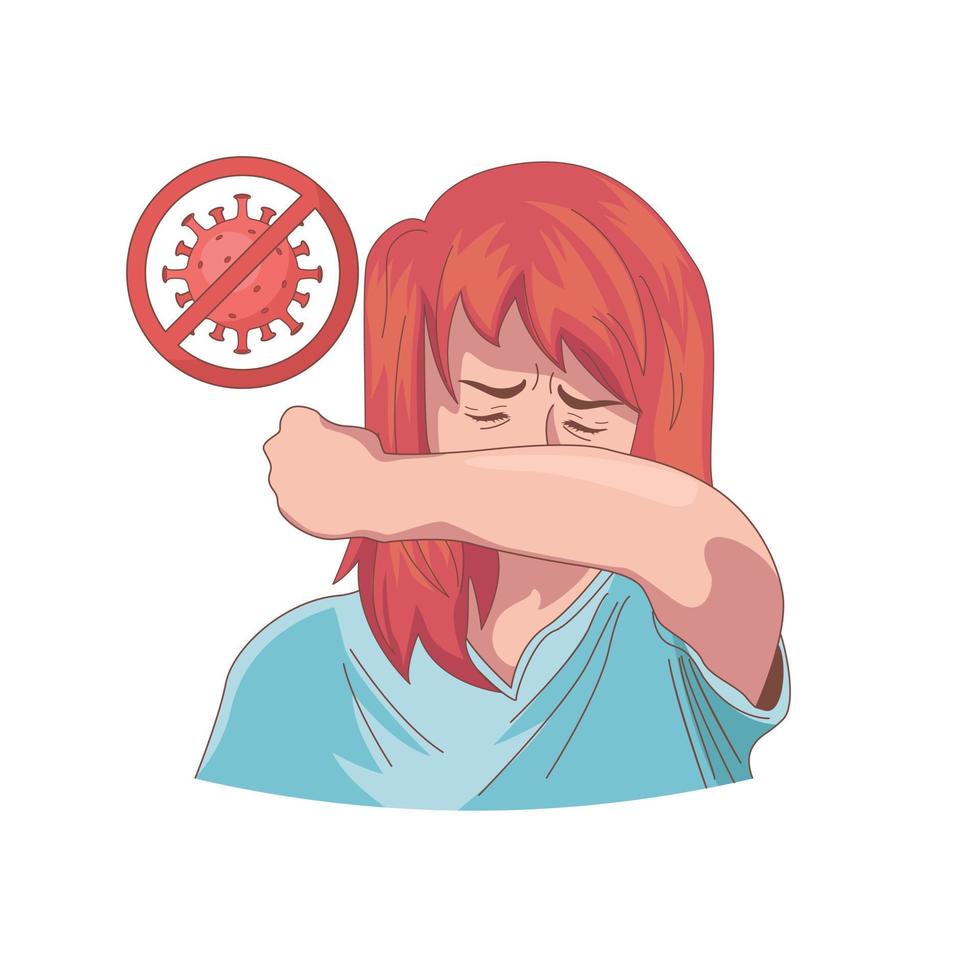 Woman covering her forearm when coughing to prevent the spread of covid-19 coronavirus vector