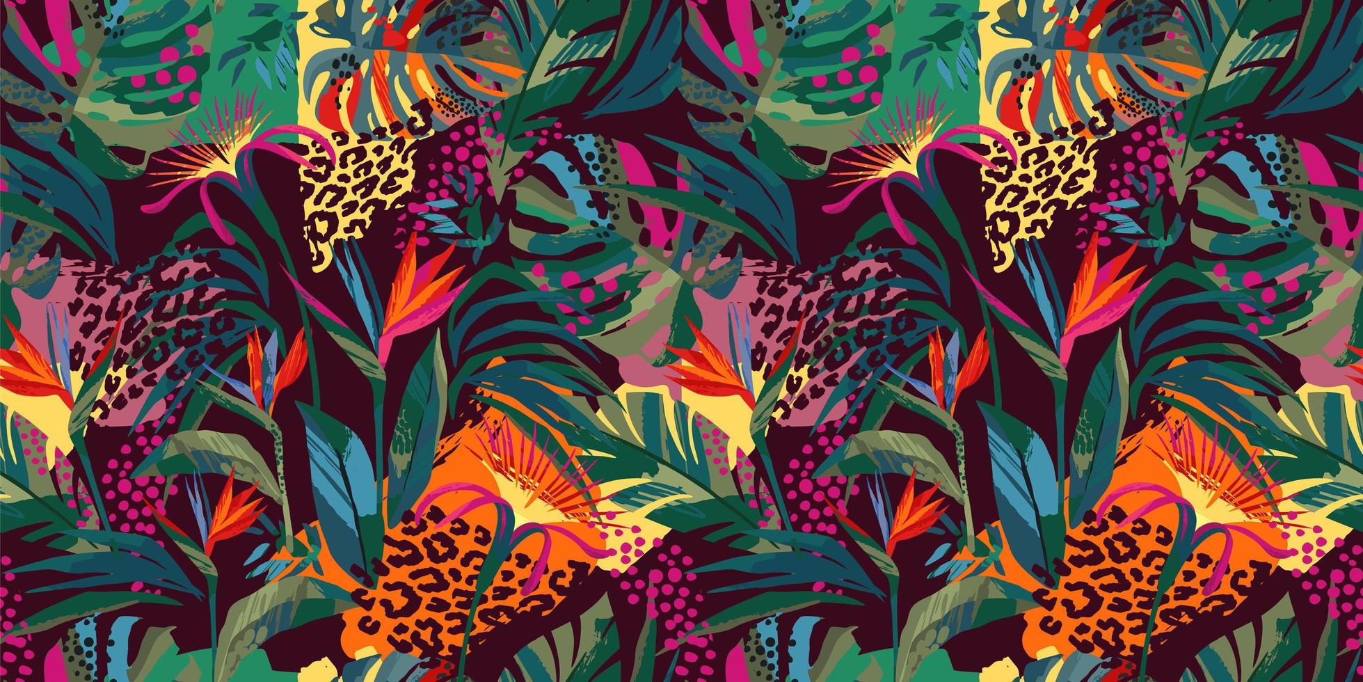 Abstract art seamless pattern with tropical leaves and flowers. Modern exotic design vector