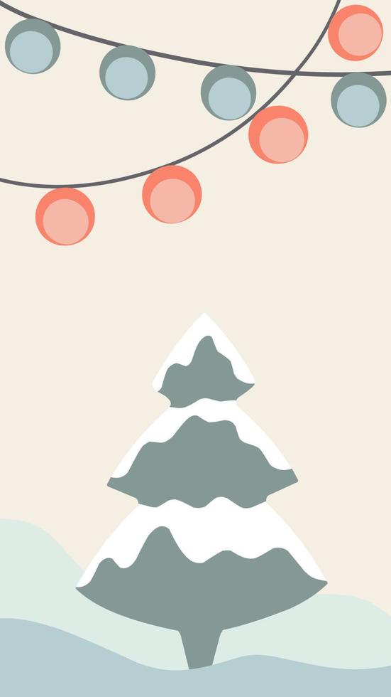 christmas greeting card cute hand drawn style and trendy matching pastel colors. christmas tree and snowman with gift box on snowdrift with garland and snow flakes vector