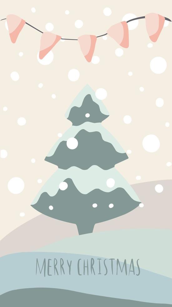 tarjeta de felicitación navideña estilo lindo dibujado a mano y colores pastel a juego de moda. árbol de navidad y muñeco de nieve con caja de regalo en ventisquero con guirnaldas y copos de nieve vector