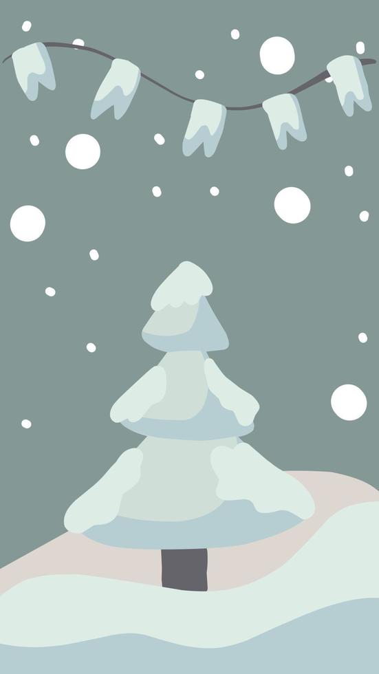 christmas greeting card cute hand drawn style and trendy matching pastel colors. christmas tree and snowman with gift box on snowdrift with garland and snow flakes vector