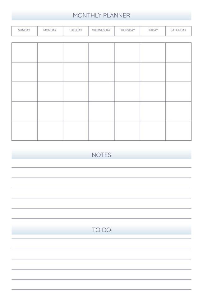 monthly personal planner diary template in classic strict style. Monthly calendar individual schedule minimalism restrained design for business notebook. Week starts on sunday vector