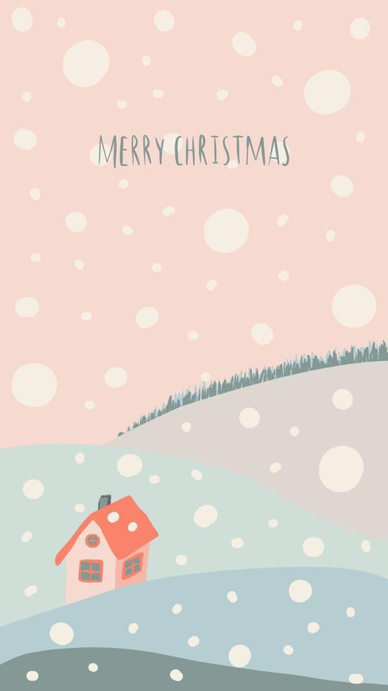 christmas greeting card cute hand drawn style and trendy matching pastel colors. christmas tree and snowman with gift box on snowdrift with garland and snow flakes vector