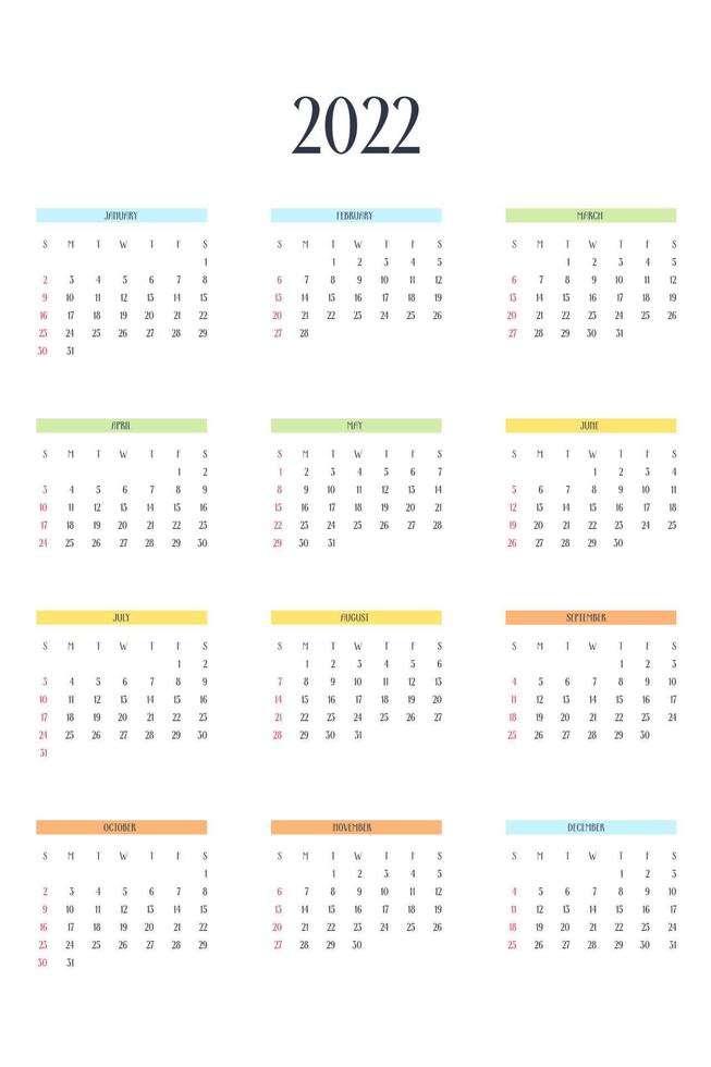 2022 calendar template in classic strict style with multicolor elements. Monthly calendar individual schedule minimalism restrained design for business notebook. Week starts on sunday vector