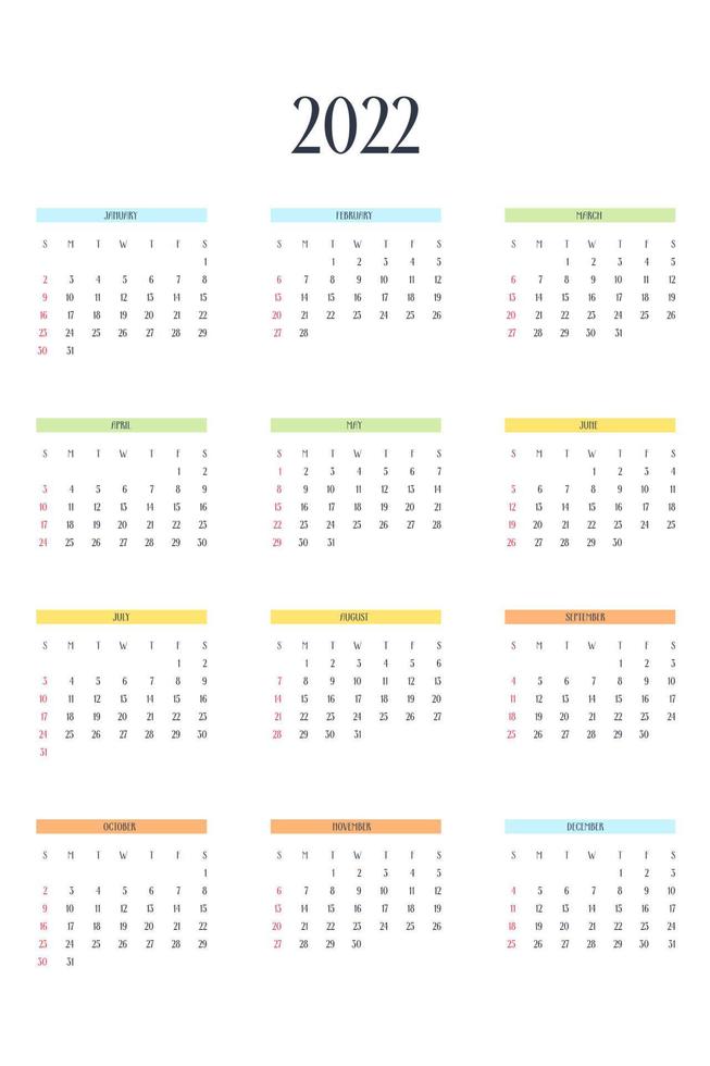 Plantilla de calendario 2022 en estilo estricto clásico con elementos multicolores. Calendario Mensual Calendario Individual Minimalismo Diseño Restringido Para Cuaderno De Negocios. la semana comienza el domingo vector