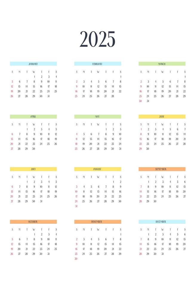 Plantilla de calendario 2025 en estilo estricto clásico con elementos multicolores. Calendario Mensual Calendario Individual Minimalismo Diseño Restringido Para Cuaderno De Negocios. la semana comienza el domingo vector