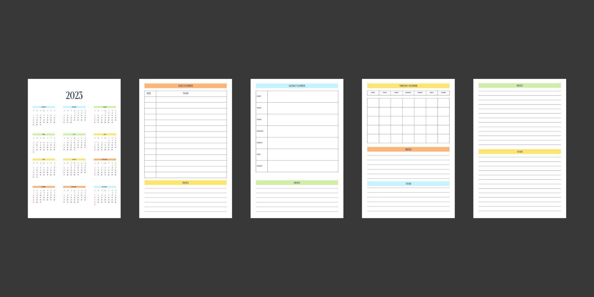 2023 calendar and daily weekly monthly personal planner diary template. Monthly calendar individual schedule minimalism restrained design for business notebook. Week starts on sunday vector