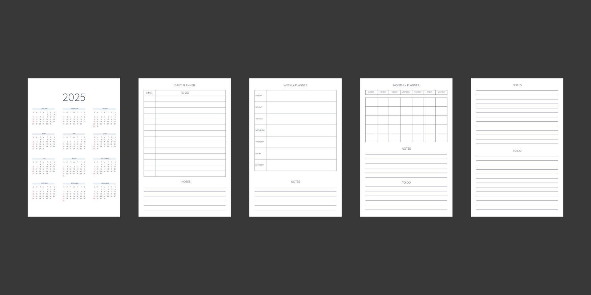 2025 calendar and daily weekly monthly personal planner diary template in classic strict style 