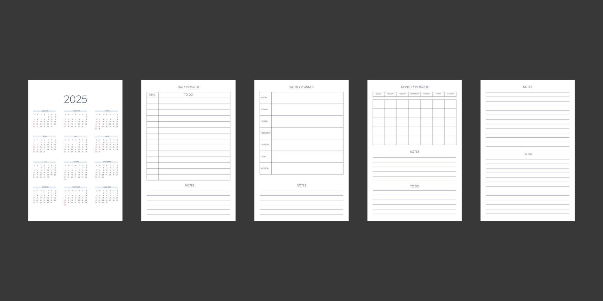 2025 calendar and daily weekly monthly personal planner diary template in classic strict style. individual schedule minimalism restrained design for business notebook. Week starts on sunday vector
