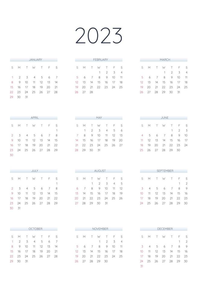 2023 calendar template in classic strict style. Monthly calendar individual schedule minimalism restrained design for business notebook. Week starts on sunday vector
