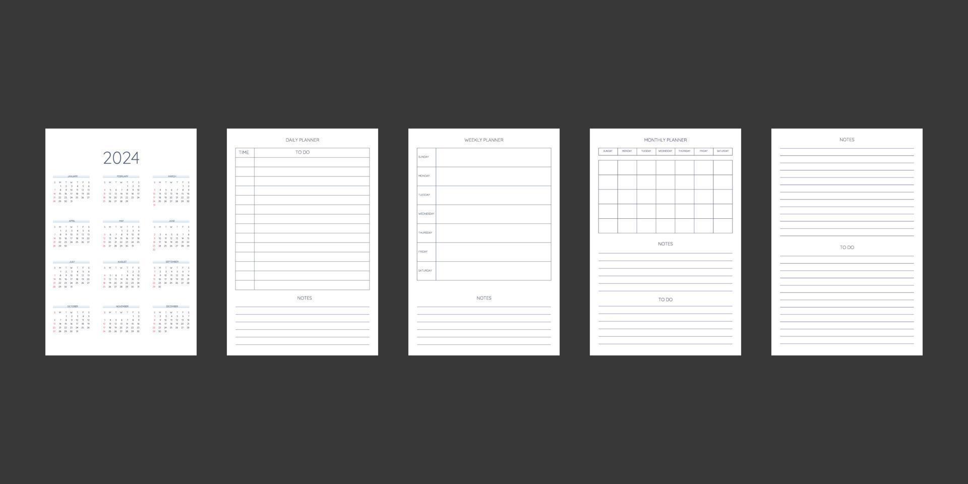 2024 calendar and daily weekly monthly planner diary template in classic strict style. Monthly calendar individual schedule minimalism restrained design for business notebook. Week starts on sunday vector