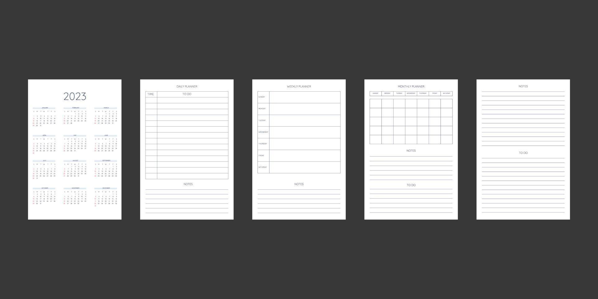 2023 calendar and daily weekly monthly personal planner diary template. Monthly calendar individual schedule minimalism restrained design for business notebook. Week starts on sunday vector