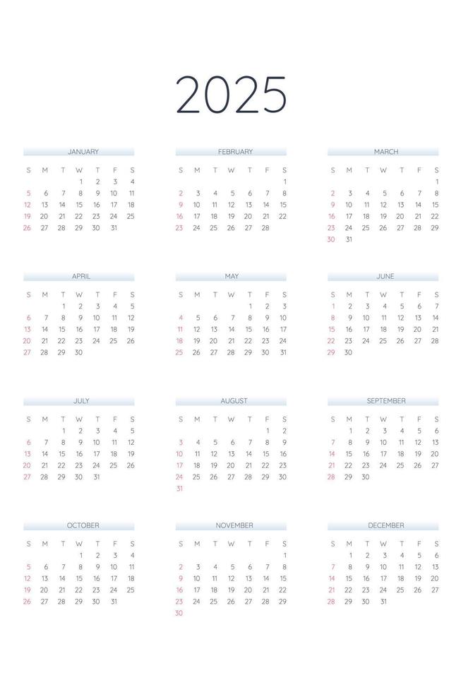 Plantilla de calendario 2025 en estilo estricto clásico. Calendario Mensual Calendario Individual Minimalismo Diseño Restringido Para Cuaderno De Negocios. la semana comienza el domingo vector