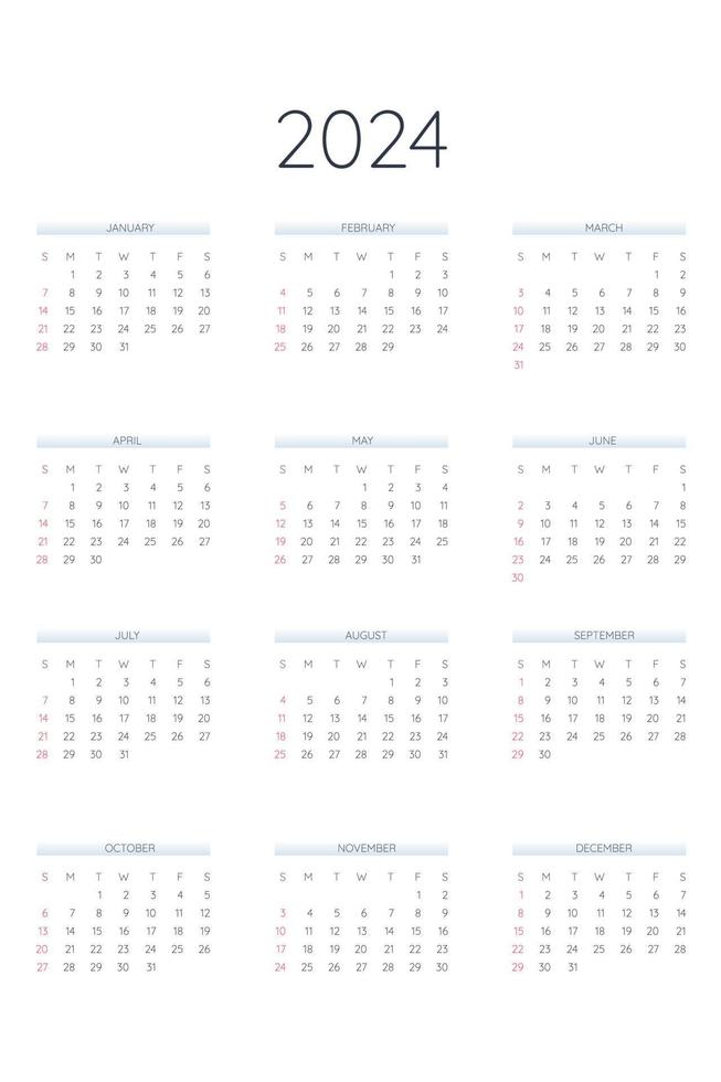 Plantilla de calendario 2024 en estilo estricto clásico. Calendario Mensual Calendario Individual Minimalismo Diseño Restringido Para Cuaderno De Negocios. la semana comienza el domingo vector