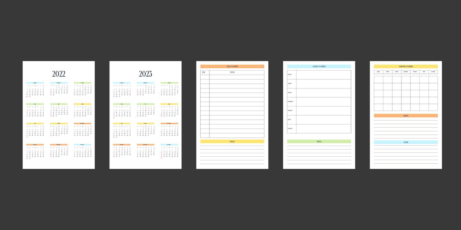 Calendario 2022 2023 y plantilla de diario de planificador personal mensual semanal diario en estilo estricto clásico. calendario mensual diseño minimalista de horario individual para cuaderno de negocios. la semana comienza el domingo vector