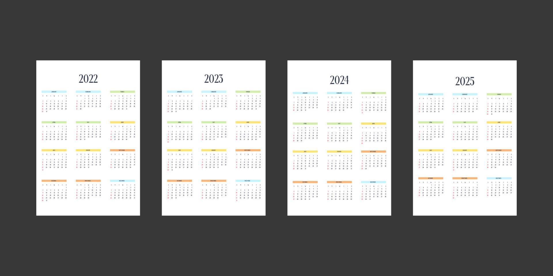 Plantilla de calendario 2022 2023 2024 2025 en estilo estricto clásico con elementos multicolores. Calendario Mensual Calendario Individual Minimalismo Diseño Restringido Para Cuaderno De Negocios. la semana comienza el domingo vector