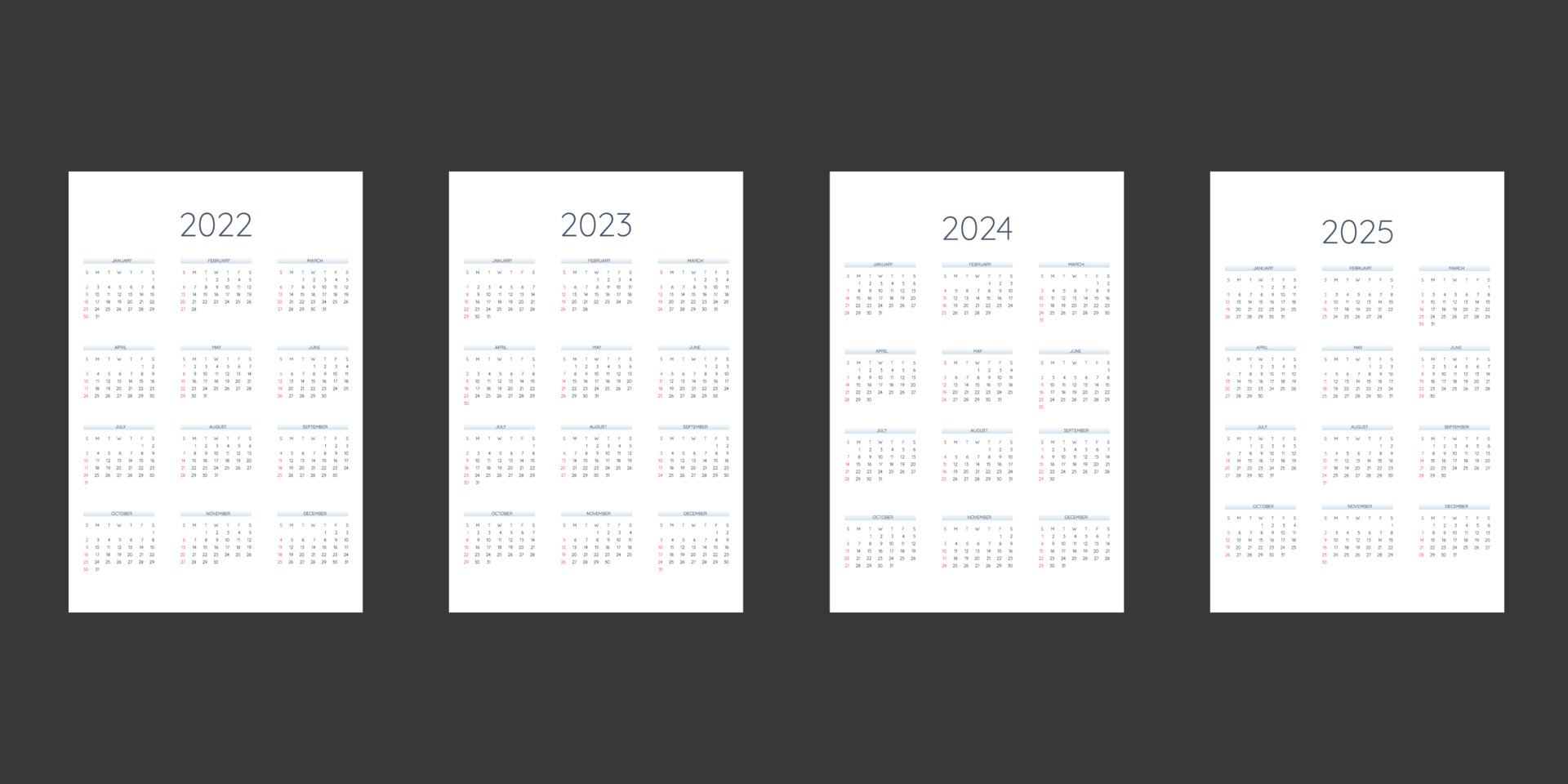 2022 2023 2024 2025 calendar template in classic strict style. Monthly