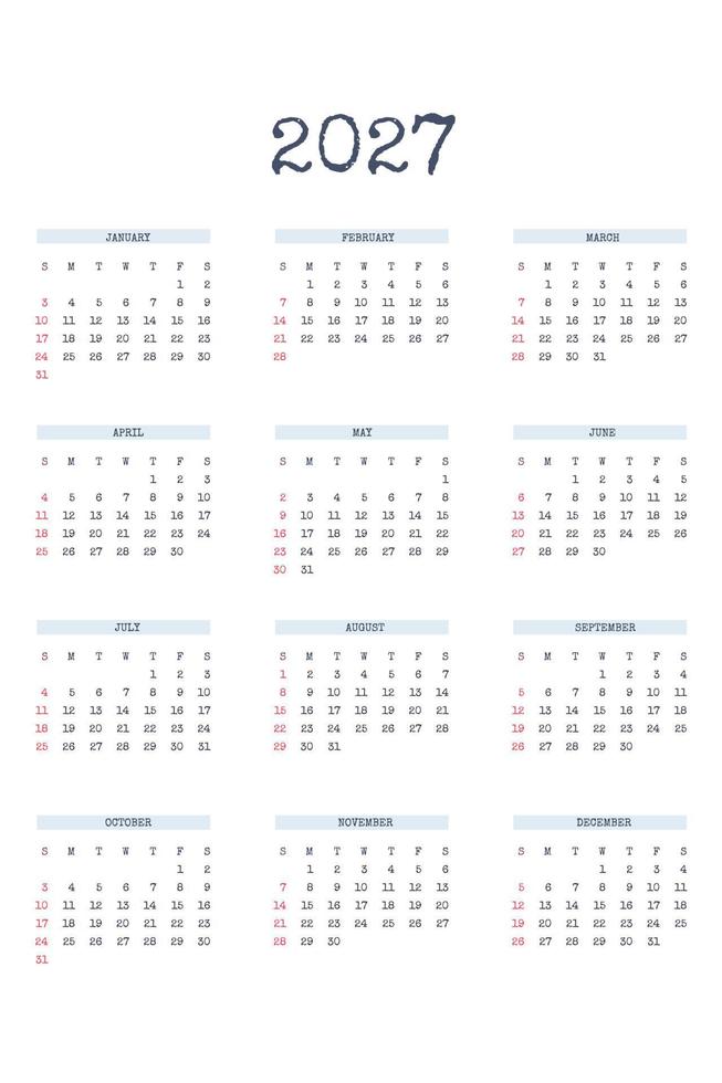 2027 calendar template in classic strict style with type written font. Monthly calendar individual schedule minimalism restrained design for business notebook. Week starts on sunday vector