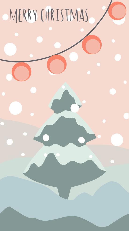 christmas greeting card cute hand drawn style and trendy matching pastel colors. christmas tree and snowman with gift box on snowdrift with garland and snow flakes vector